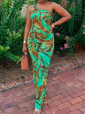Green One-Shoulder Printed Jumpsuit